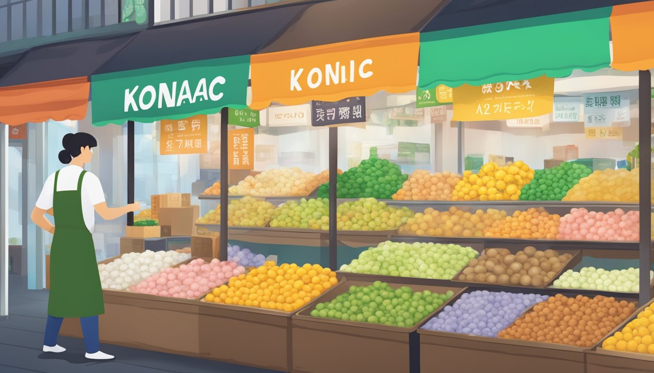 A bustling Singapore market stall displays konjac powder in vibrant packaging, with a sign advertising its availability