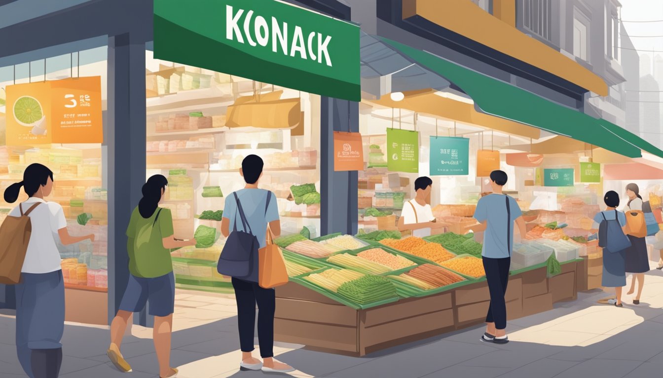 A bustling market stall displays packages of konjac powder in Singapore. Shoppers browse and inquire about the product, creating a lively and dynamic scene for an illustrator to recreate