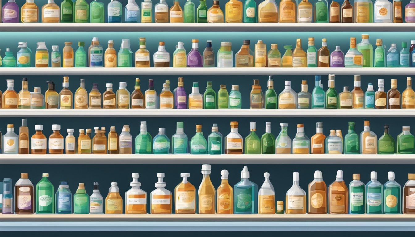 A pharmacy shelf displays isopropyl alcohol bottles in Singapore