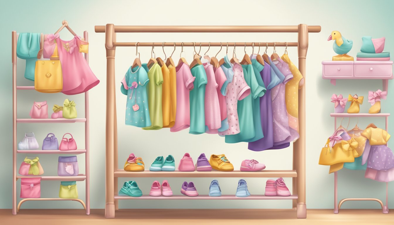 Colorful baby girl clothes and accessories displayed on a trendy clothing rack