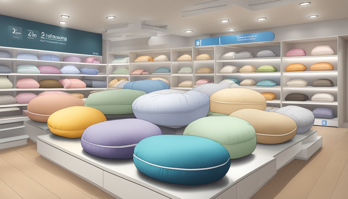 A maternity pillow displayed in a well-lit store in Singapore, with various options and prices clearly labeled