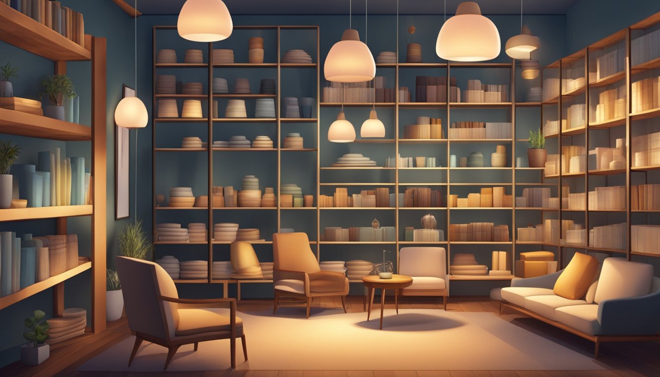 A cozy interior with shelves of various lamp shades, a display of different sizes, colors, and materials, with soft lighting creating a warm atmosphere