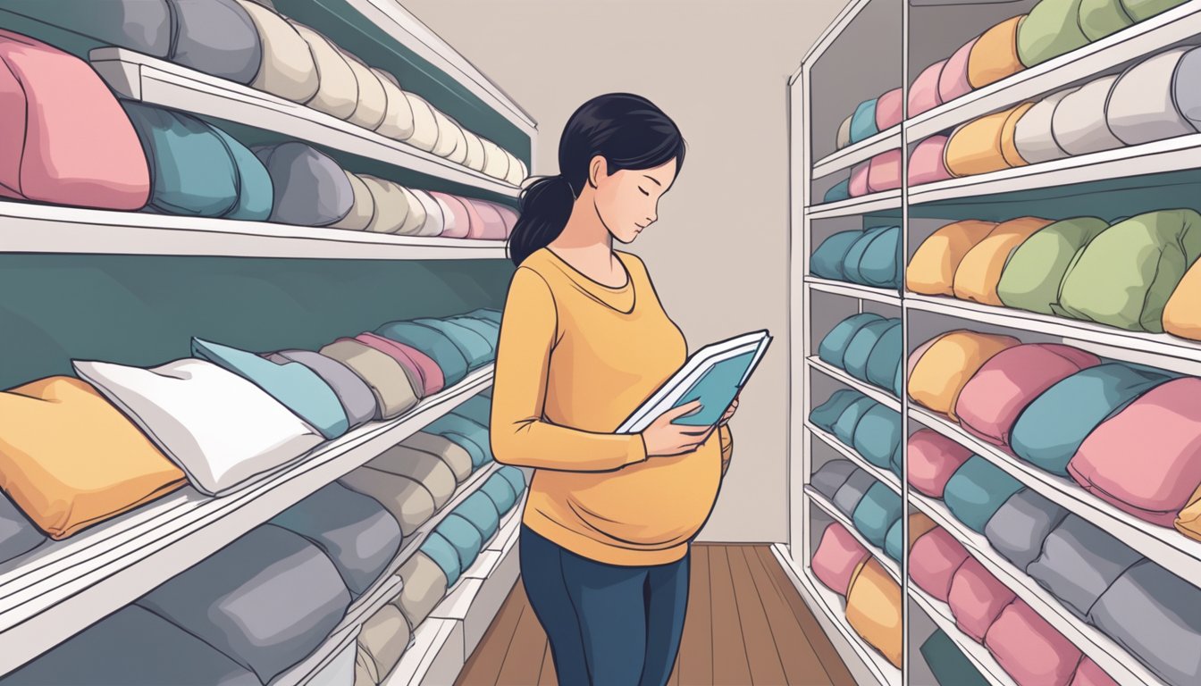 A pregnant woman browsing through a variety of maternity pillows in a cozy and well-lit store in Singapore. The shelves are neatly organized with different types of pillows, and the woman is carefully examining each one