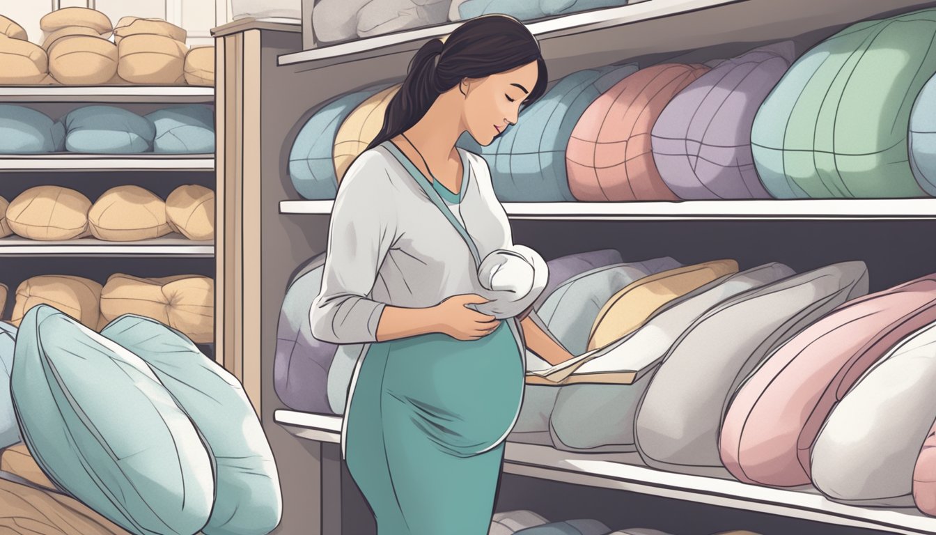 A pregnant woman browsing through a variety of maternity pillows in a store in Singapore, with a salesperson assisting her
