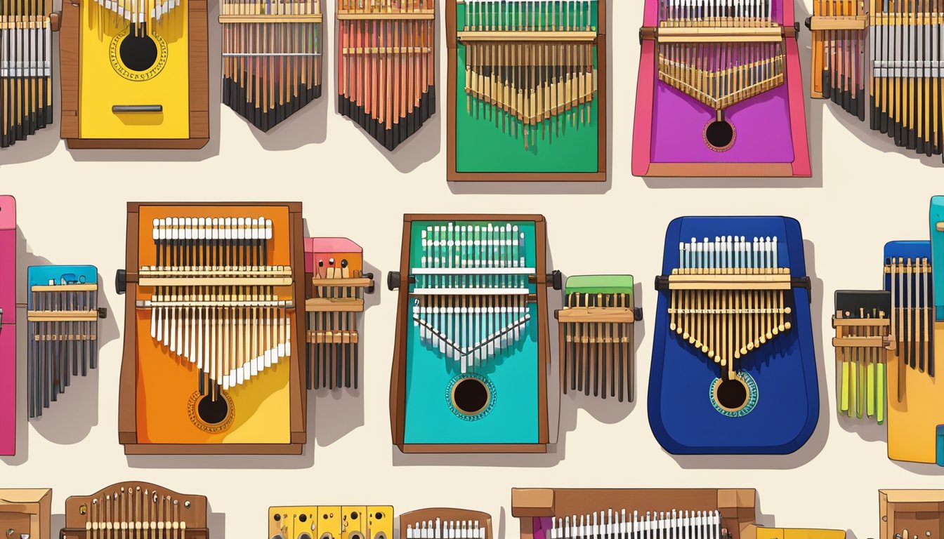 A colorful display of Kalimbas in a Singapore music store, with various sizes and designs available for purchase