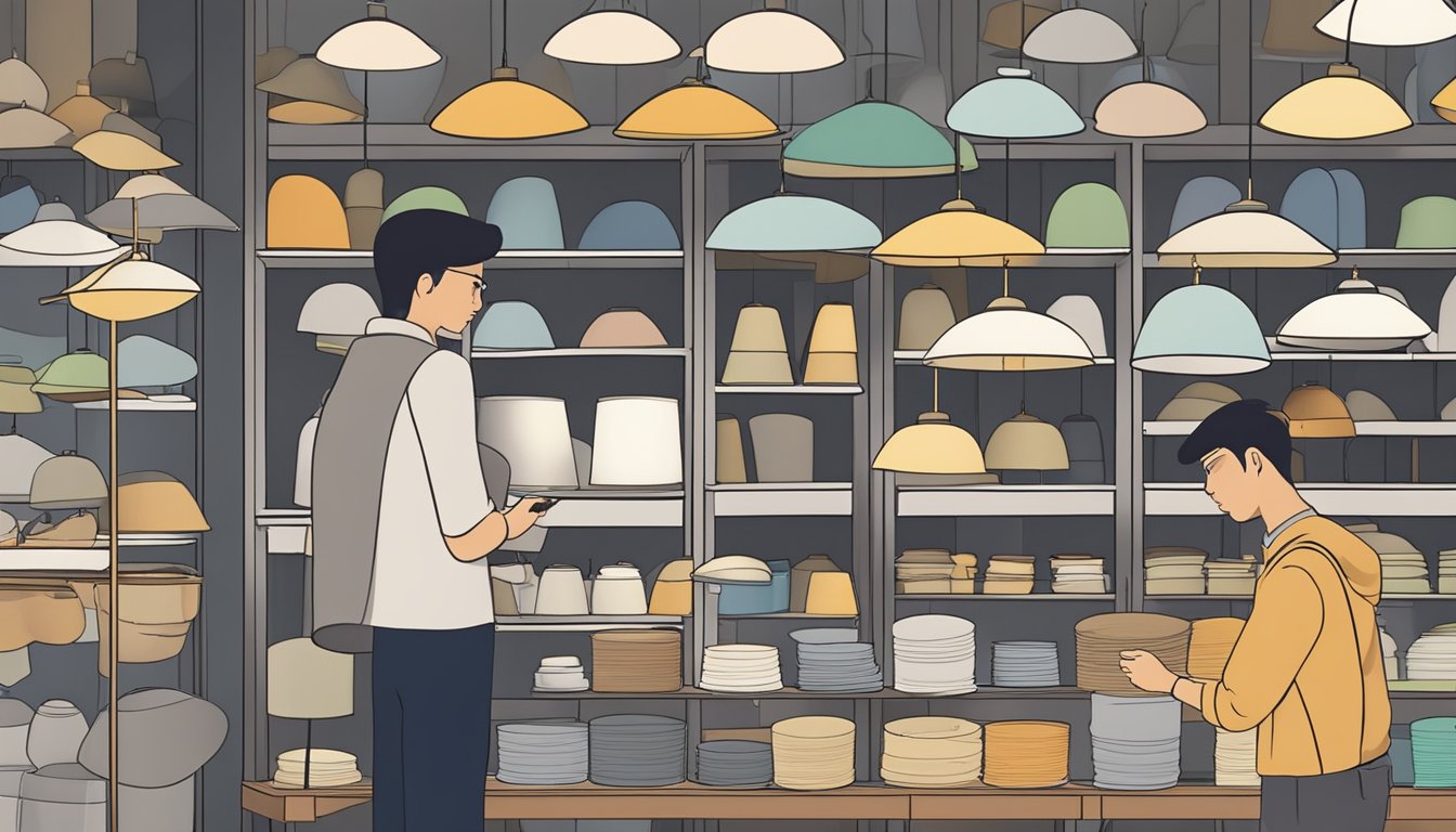 A customer examines various lamp shades in a well-lit store in Singapore, carefully comparing sizes, shapes, and colors