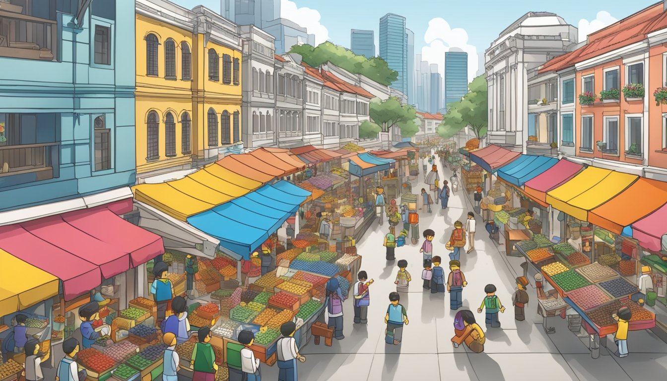 A bustling street market in Singapore, with colorful stalls selling various LEGO parts and sets, surrounded by eager customers and curious onlookers