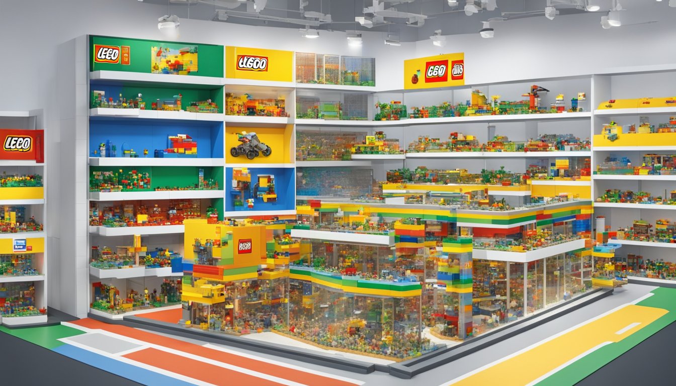 The bustling Lego Store in Singapore showcases colorful brick displays and shelves lined with various Lego parts for purchase