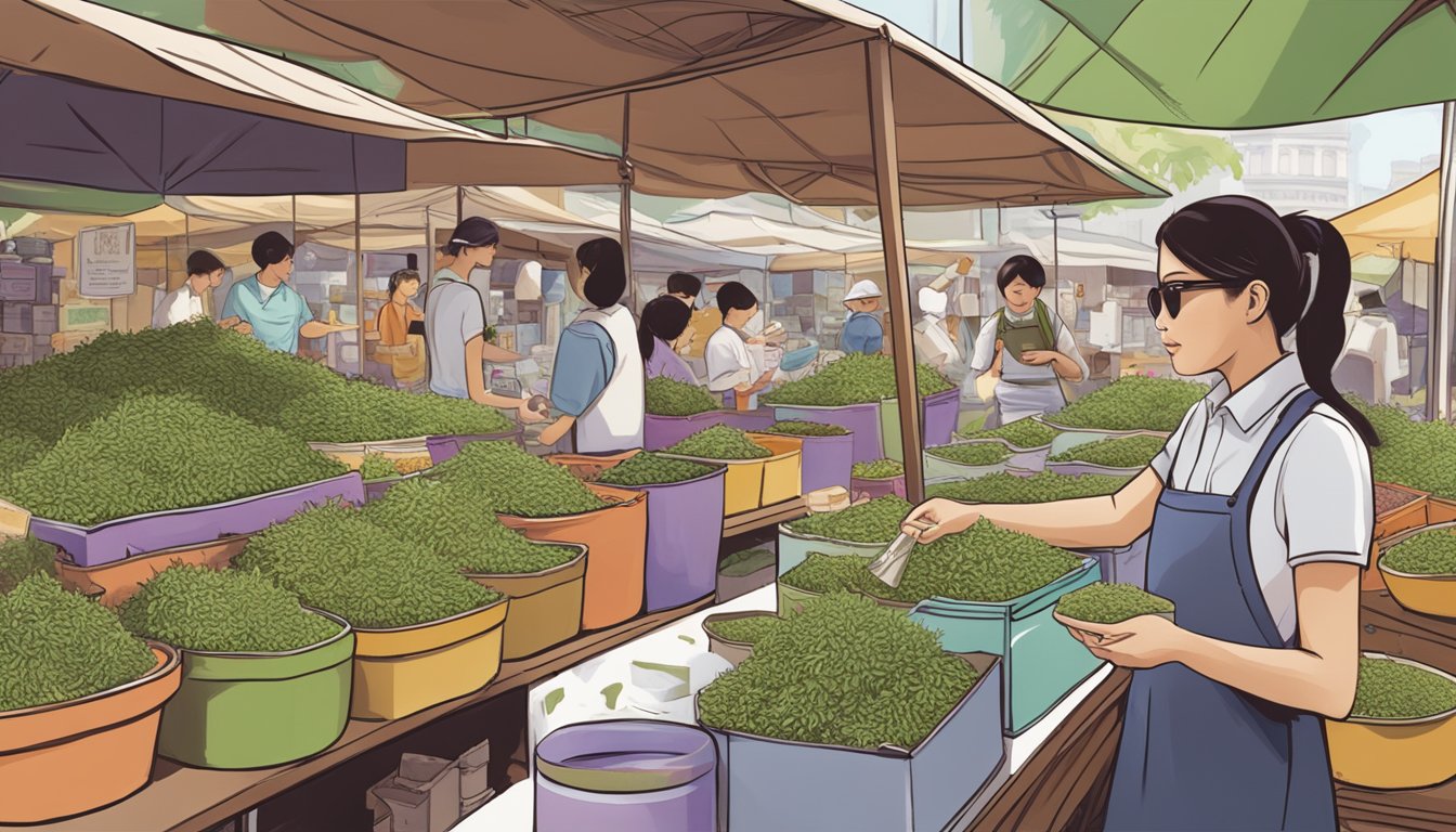 In a bustling Singapore market, a vendor displays vibrant packages of milk thistle tea, enticing passersby with its herbal aroma