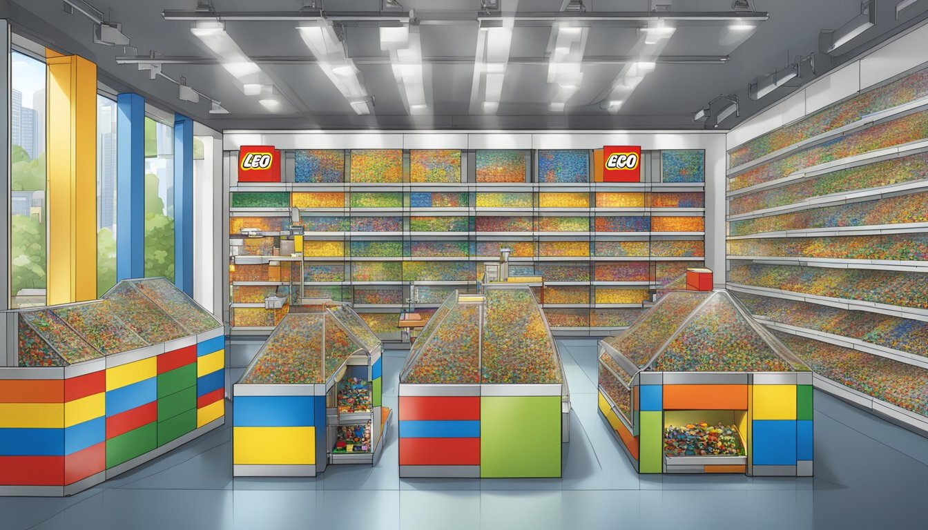 A bustling Lego store in Singapore, shelves filled with colorful parts and eager customers seeking answers to their frequently asked questions