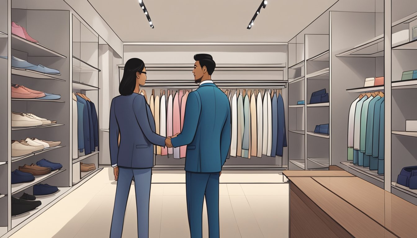A person purchasing a blazer in a modern, sleek boutique in Singapore. Shelves neatly display various blazers, while a salesperson assists the customer
