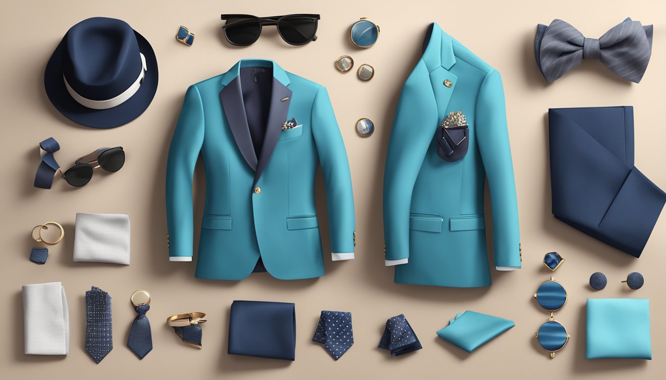A blazer laid out on a clean, modern table with a variety of accessories such as pocket squares, lapel pins, and cufflinks arranged neatly next to it