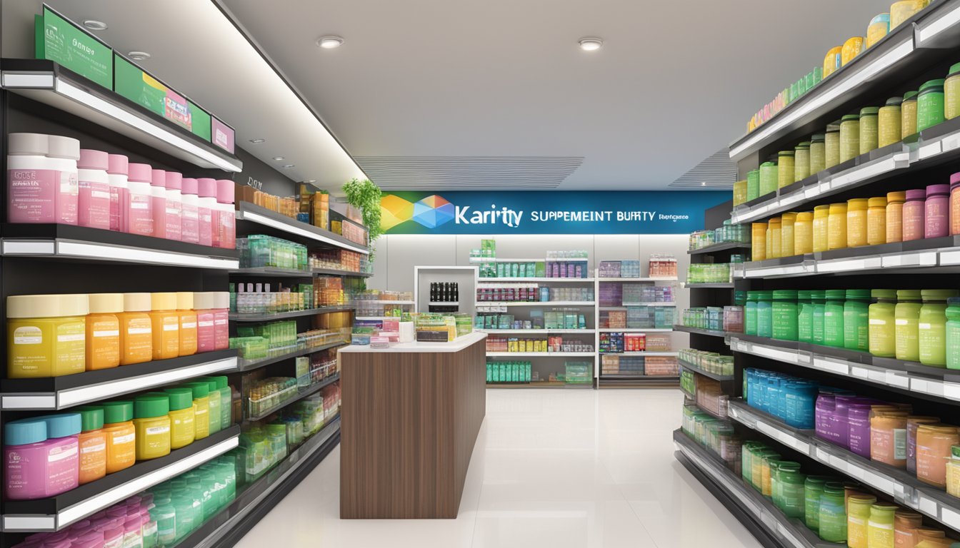 A colorful display of Klarity supplements with scientific imagery and benefits listed, alongside a prominent "where to buy Klarity Singapore" sign