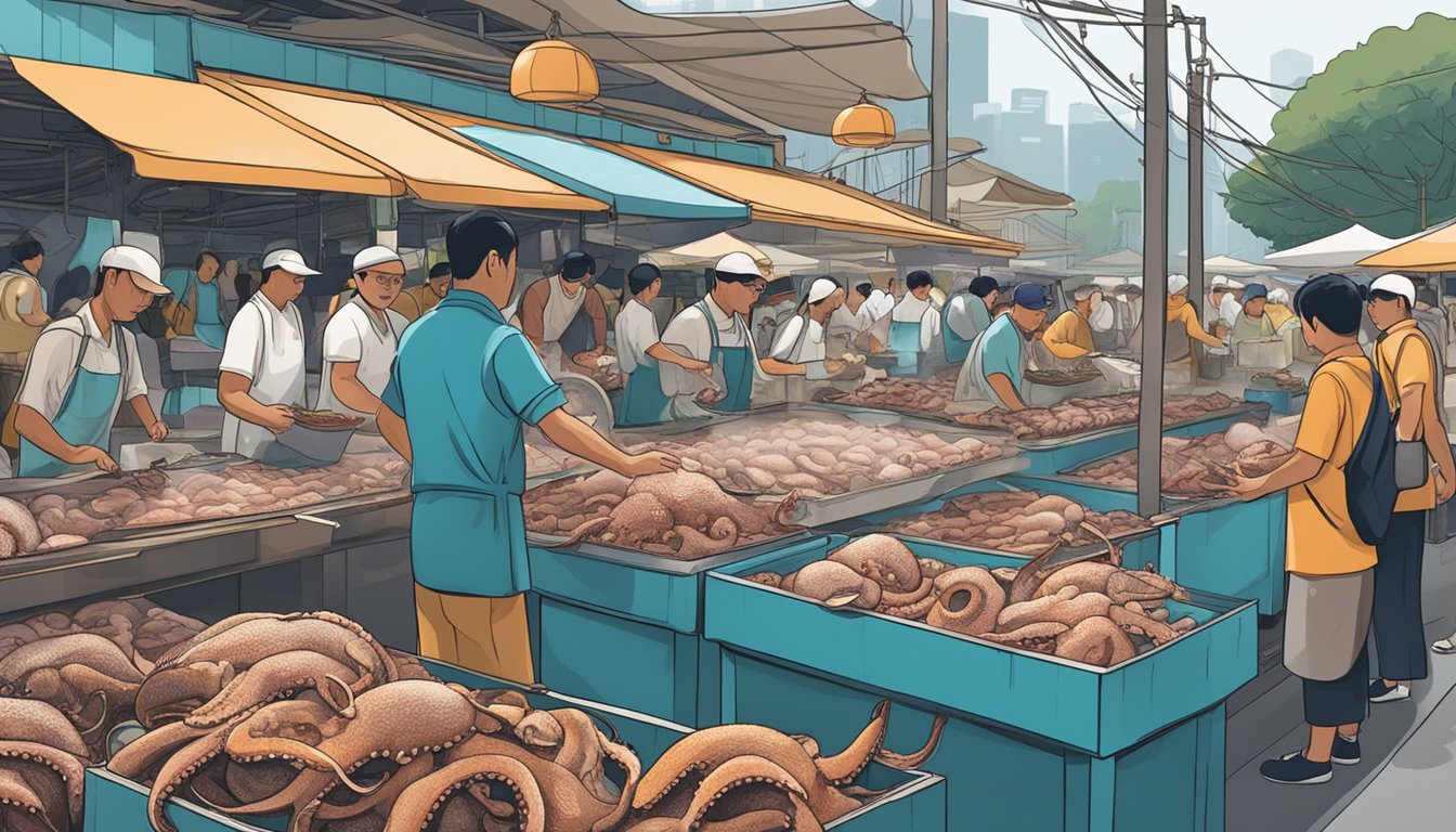 A bustling seafood market in Singapore displays tanks of live octopus, with vendors eagerly showcasing their fresh catch to eager customers
