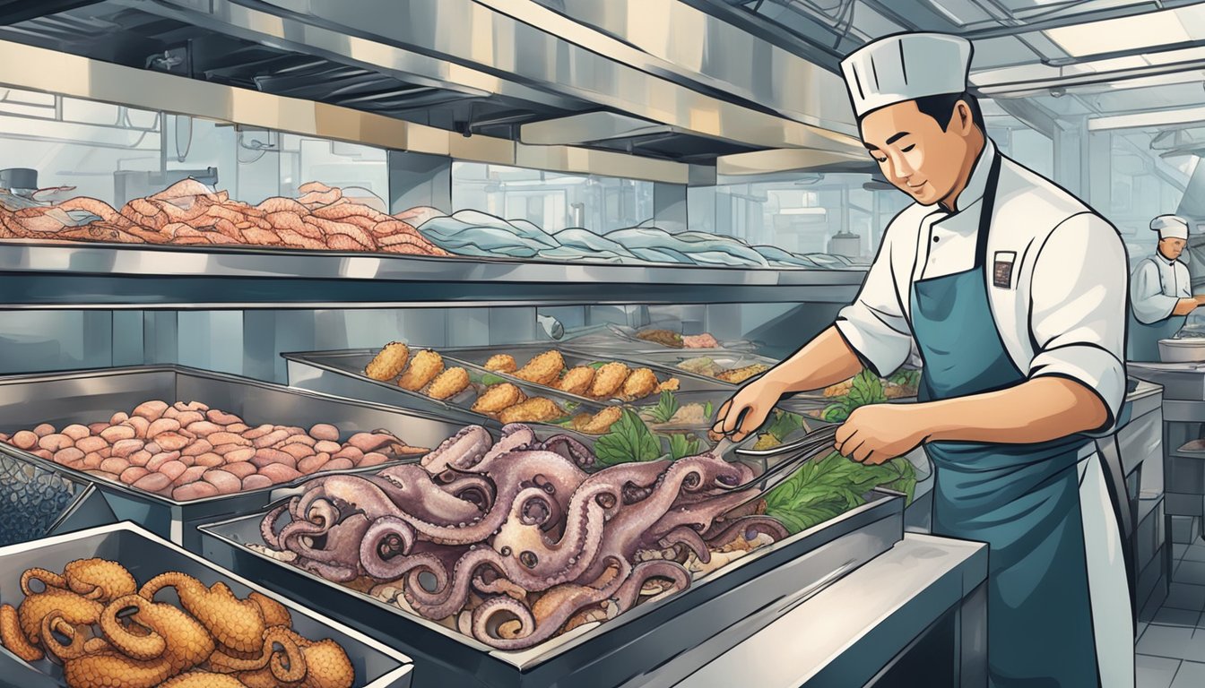 A chef prepares and cooks live octopus in a bustling seafood market in Singapore. The octopus is selected from a tank and then expertly prepared for cooking
