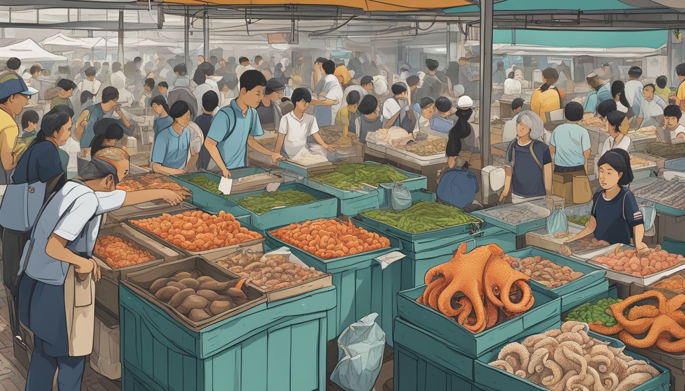 A bustling seafood market in Singapore, with vendors displaying live octopuses in tanks, surrounded by curious customers asking questions