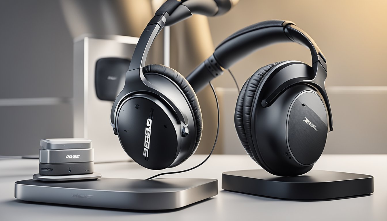 A pair of Bose QC35 headphones sitting on a sleek display stand, surrounded by other high-quality audio equipment