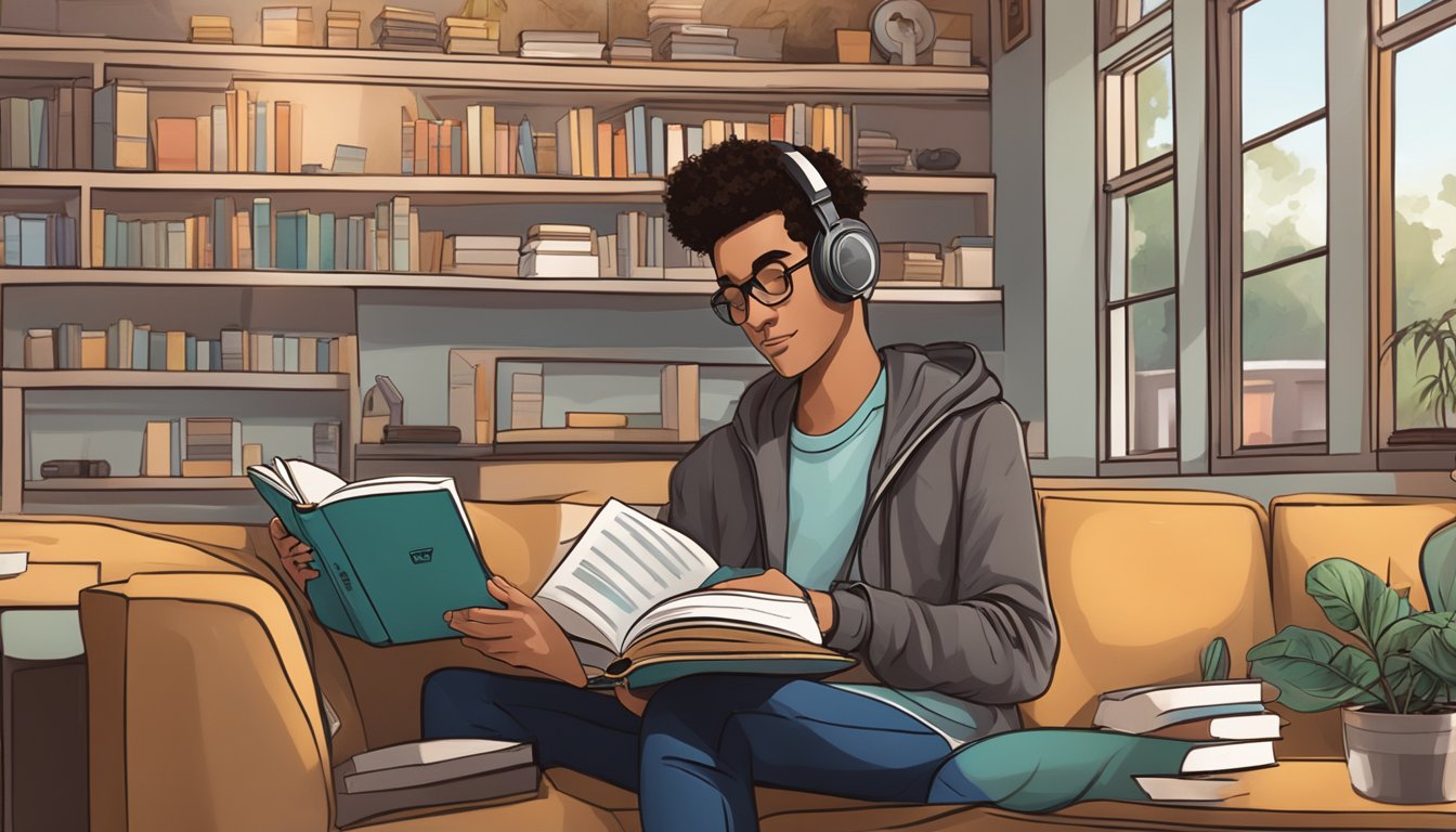 A person wearing Bose QC35 headphones while reading a book in a cozy corner of a coffee shop