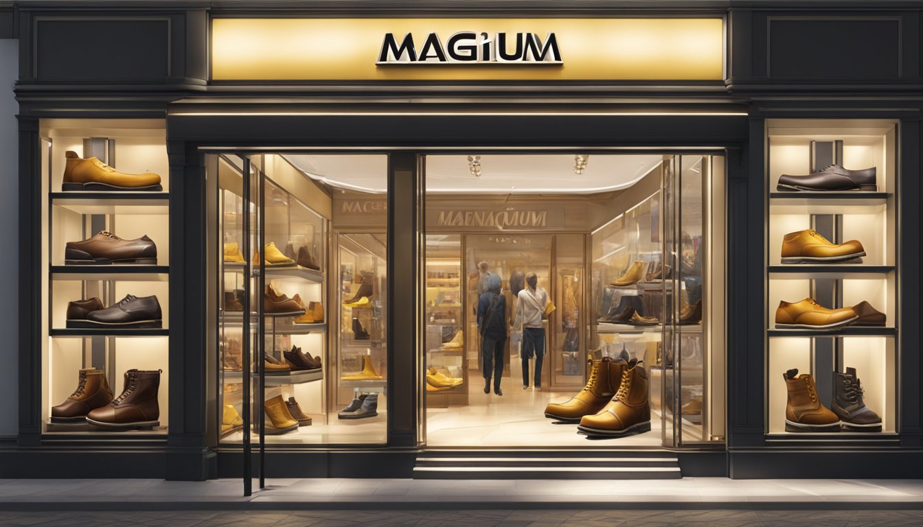 A storefront in Singapore displays Magnum boots for sale. The store is brightly lit with a variety of boots showcased in the window