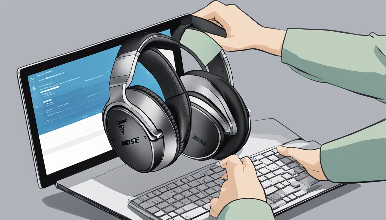 A person holding a pair of Bose QC35 headphones while browsing through a list of frequently asked questions on a computer screen