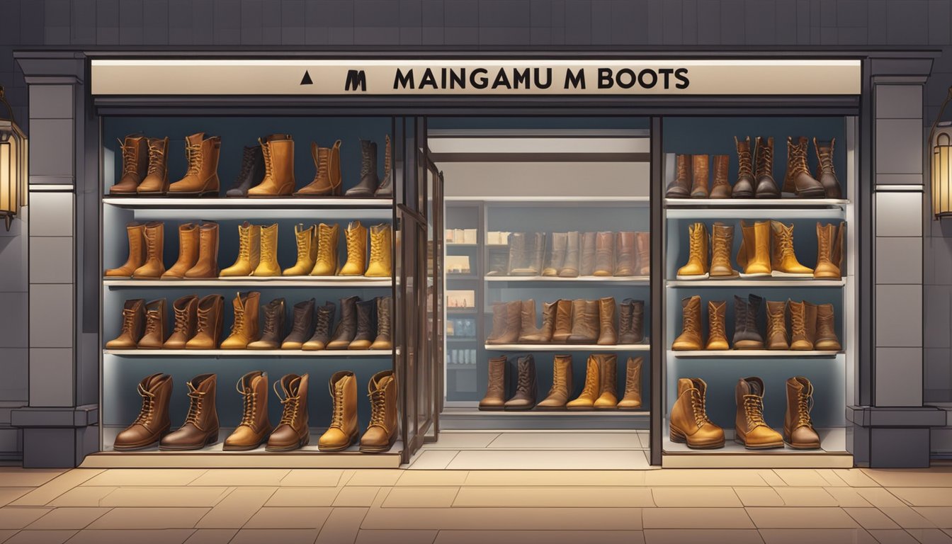 A storefront sign reads "Magnum Boots" in Singapore. The store is brightly lit with rows of boots displayed on shelves