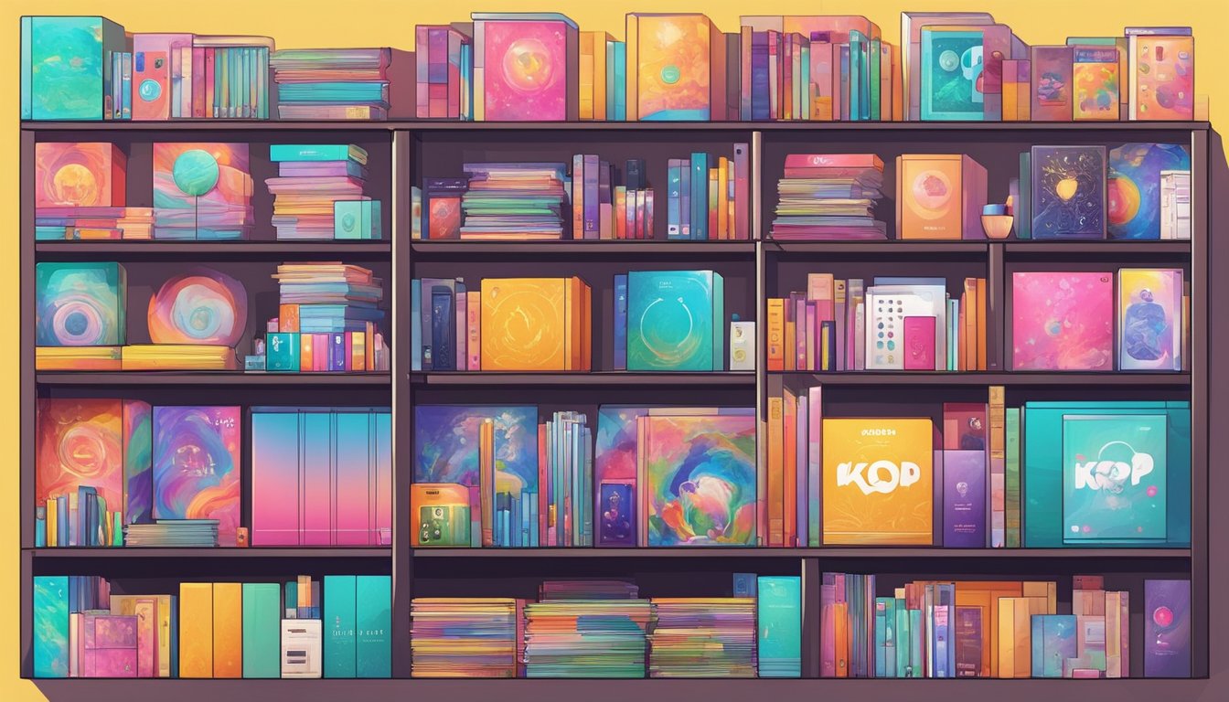 Colorful Kpop albums displayed on shelves with logos of top online stores. Bright lighting and clean, organized layout