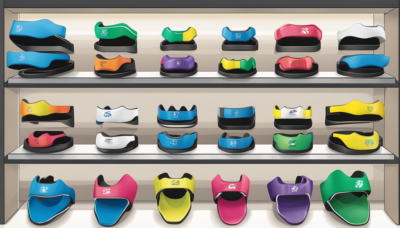 A display of various mouthguards in a Singapore sports store, with labels indicating different types and prices