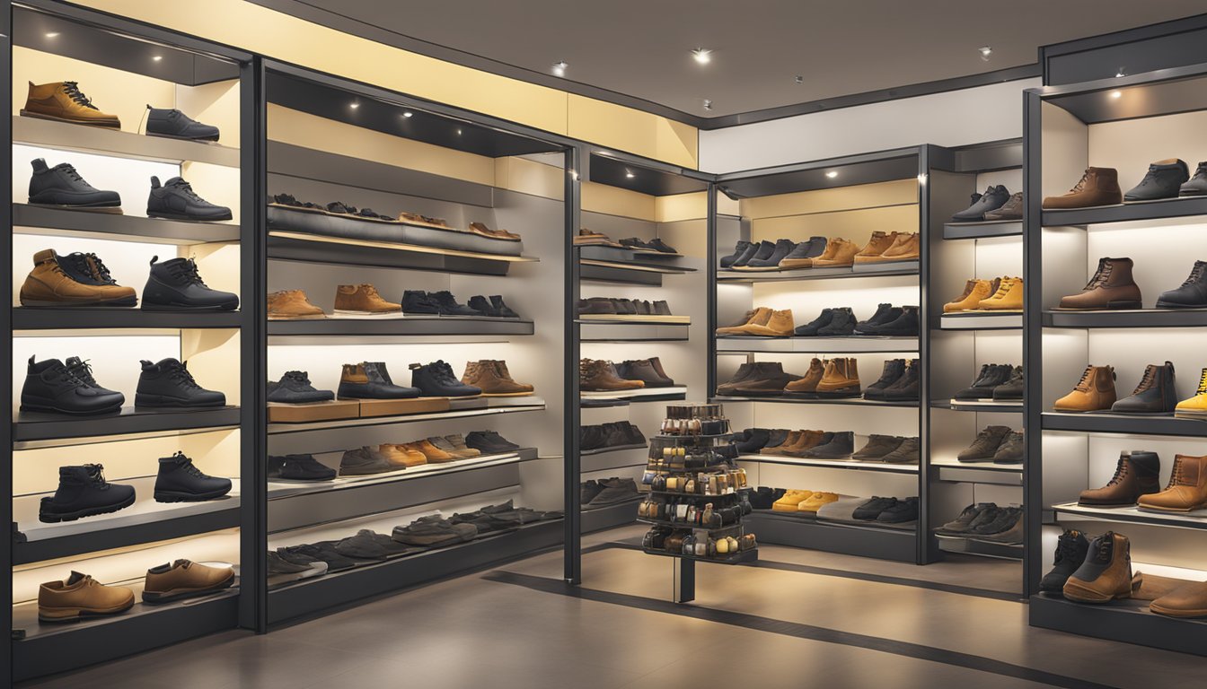 A display of Magnum Boots in a well-lit store with various options and sizes available for purchase in Singapore