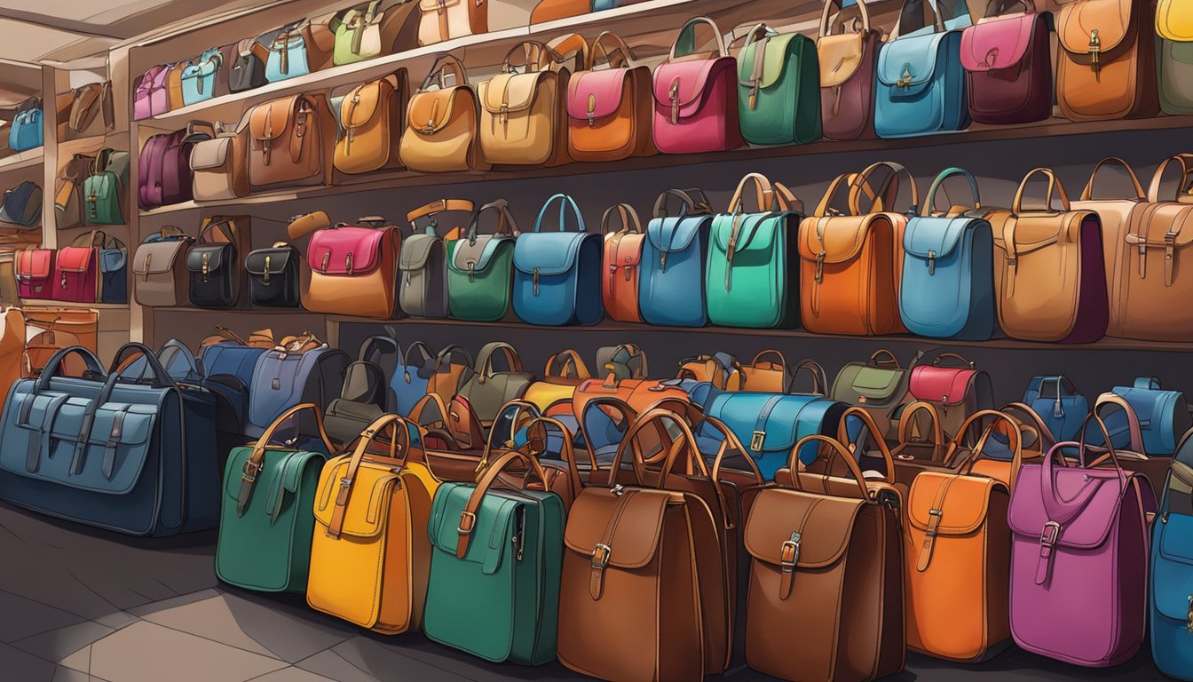 A bustling market stall showcases an array of leather bags in Singapore, with vibrant colors and intricate designs on display