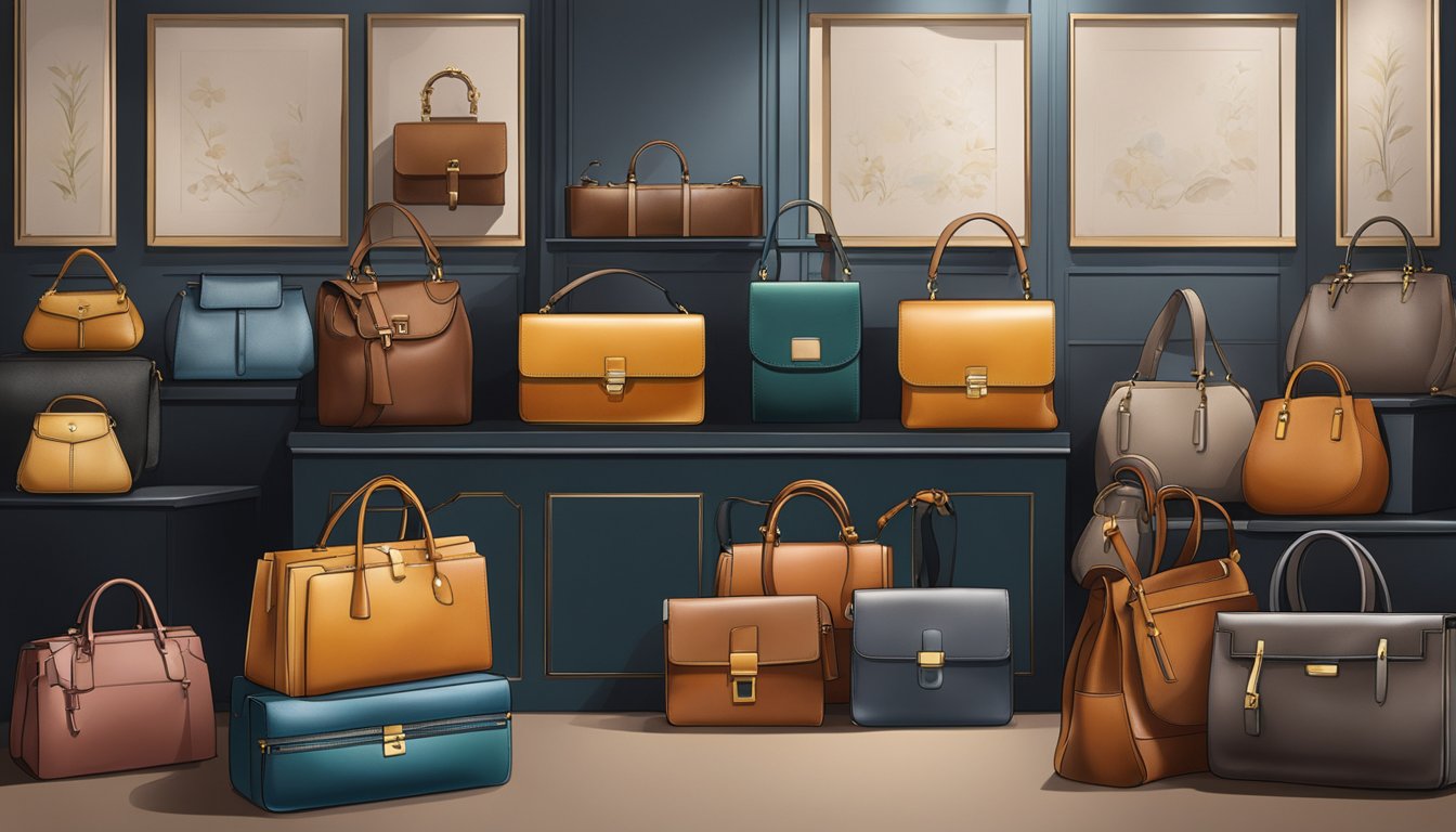A display of luxurious leather bags in a Singaporean boutique, showcasing a variety of styles and colors