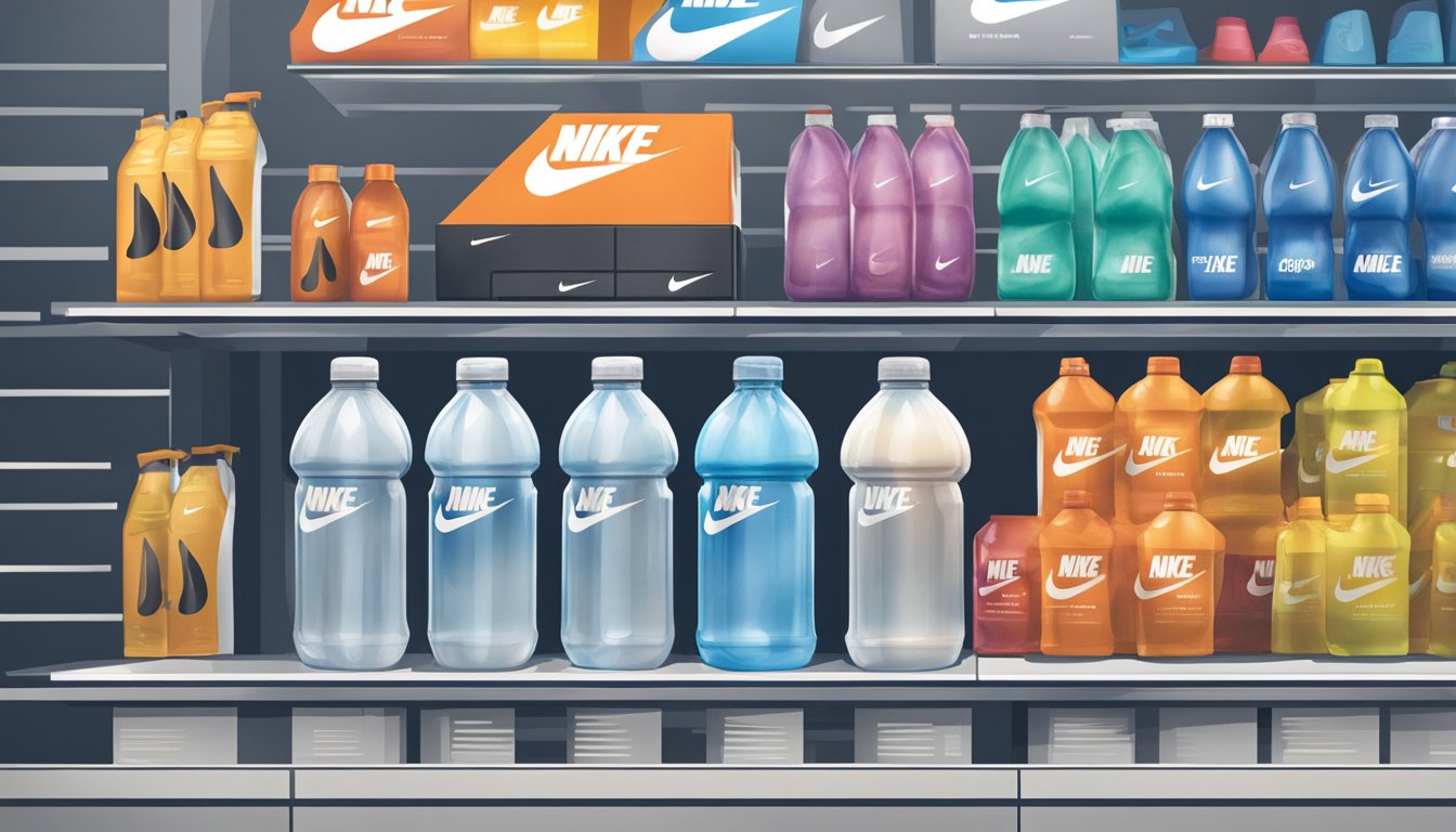 A Nike water bottle sits on a shelf in a sports store in Singapore. The store is well-lit, with various other athletic products on display