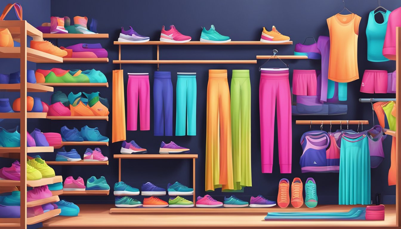 A vibrant online store displays a variety of colorful activewear items, including leggings, sports bras, and sneakers, arranged neatly on shelves and racks