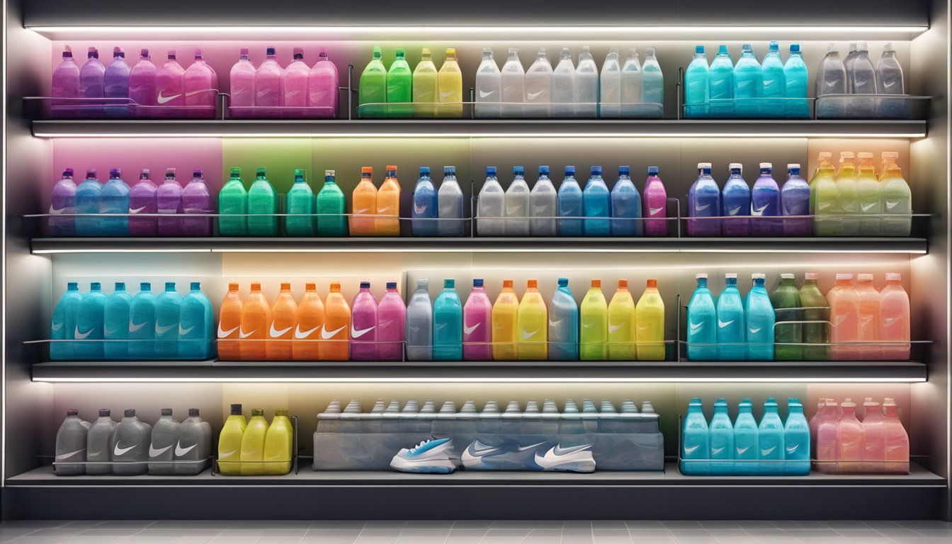 A display of Nike water bottles on shelves in a store in Singapore