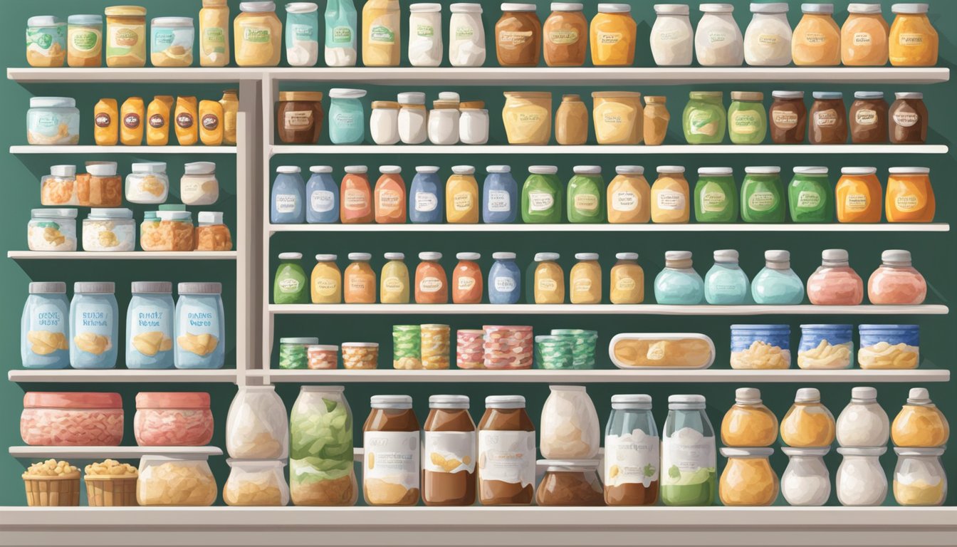 A shelf in a grocery store with jars of marshmallow fluff, surrounded by other sweet spreads and condiments