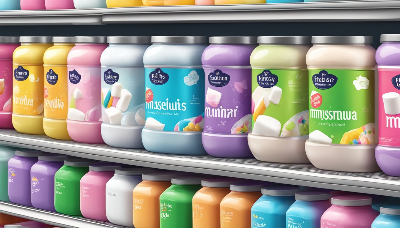 A colorful display of Marshmallow Fluff jars on a supermarket shelf in Singapore, with bright packaging and enticing labels