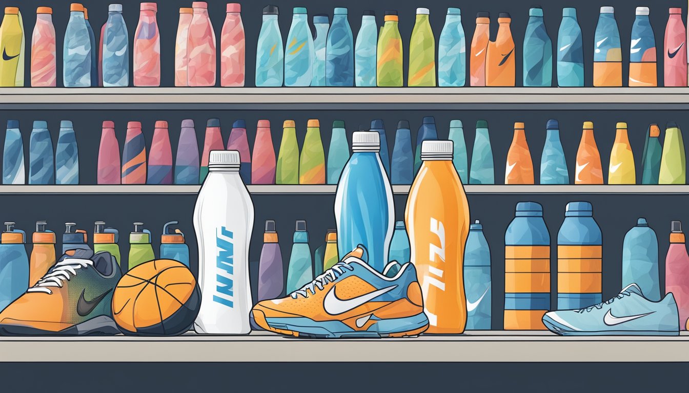 A hand reaches for a Nike water bottle on a store shelf in Singapore. The bottle is displayed among other sports accessories