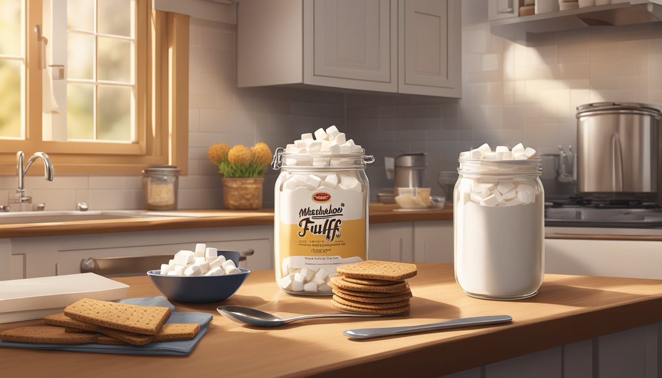 A jar of marshmallow fluff sits on a kitchen counter, surrounded by graham crackers, chocolate bars, and a spoon. A warm, inviting light bathes the scene