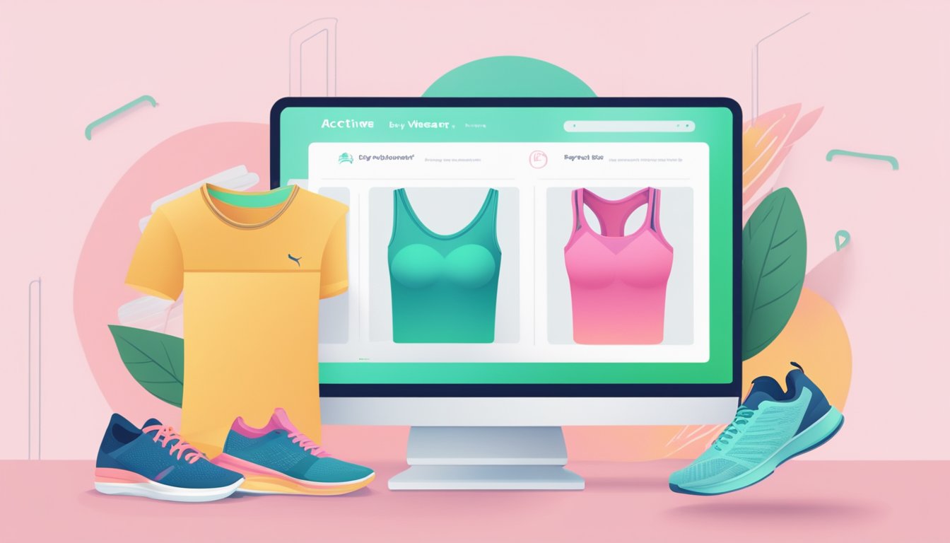 A computer screen displaying a website with the title "Frequently Asked Questions buy activewear online" surrounded by sportswear items like leggings, sneakers, and sports bras