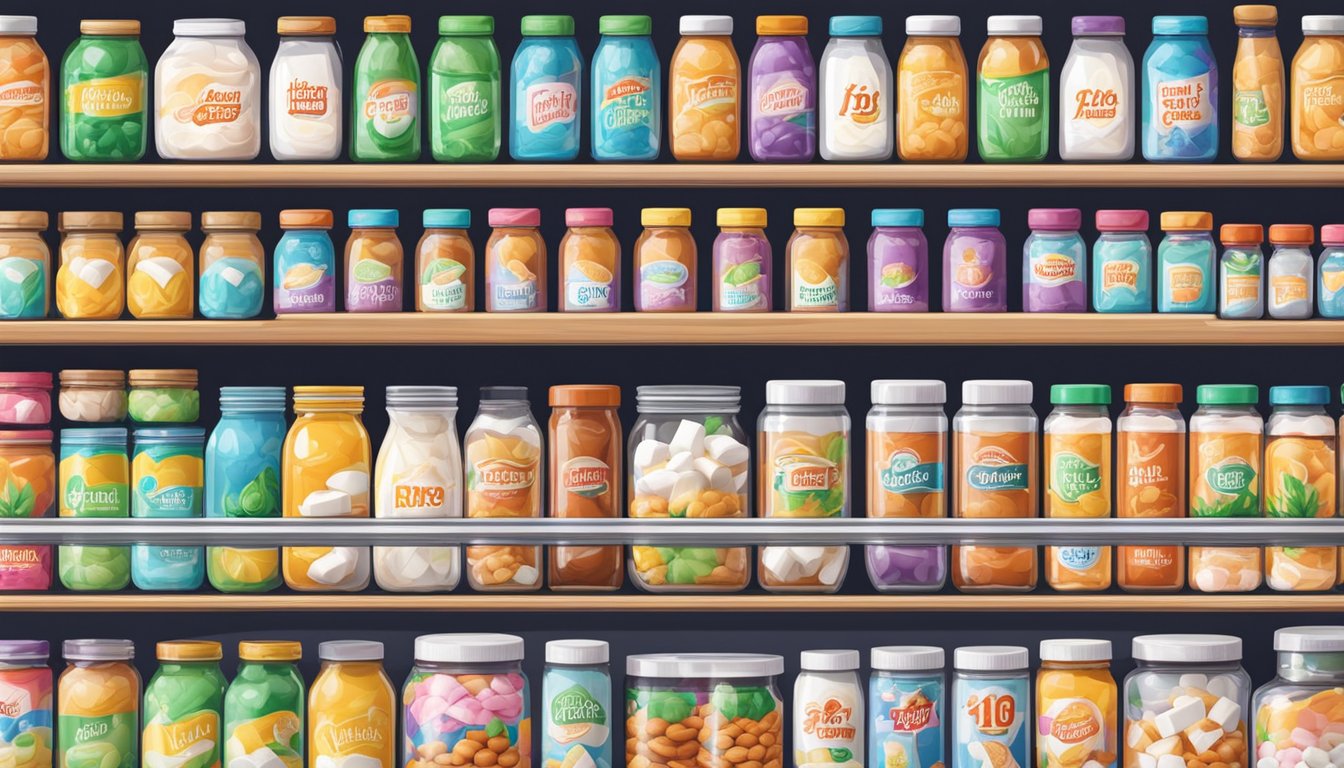 Shelves stocked with jars of marshmallow fluff in a grocery store in Singapore. Bright, colorful packaging catches the eye