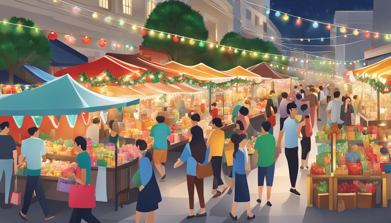 A bustling Christmas market in Singapore, with colorful stalls selling gifts and decorations, surrounded by festive lights and cheerful shoppers
