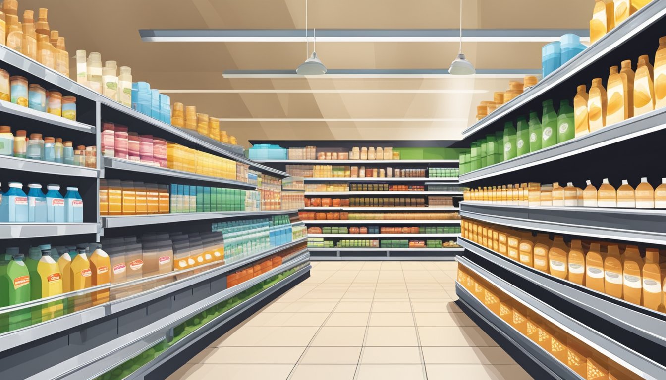 A bright, modern supermarket aisle with shelves stocked with cartons of liquid egg whites in Singapore