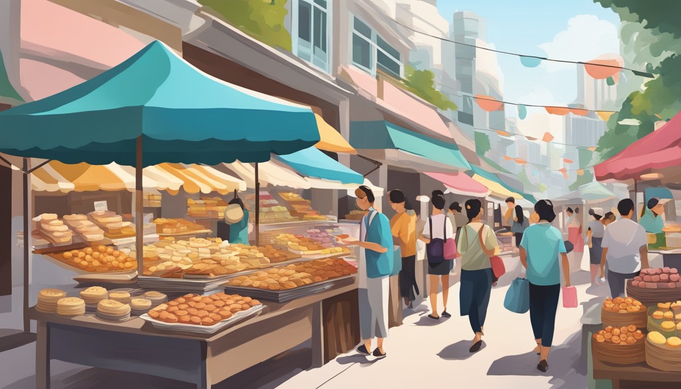 A bustling street market in Singapore, with colorful stalls selling various pastries and desserts. A sign advertising "Nutella Tart" catches the eye