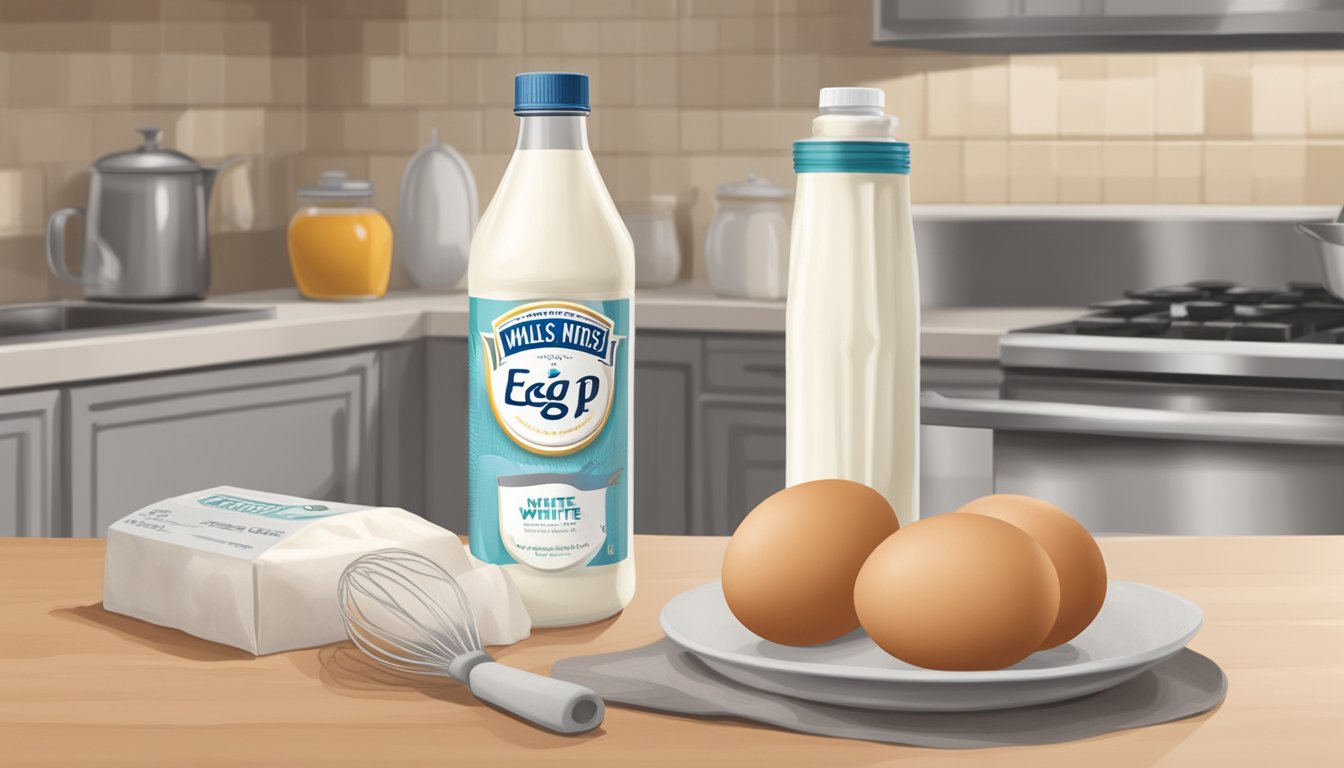 A bottle of liquid egg white sits on a kitchen counter, next to a carton of whole eggs. A chef's hat and whisk are nearby, suggesting the product's versatility in cooking and baking