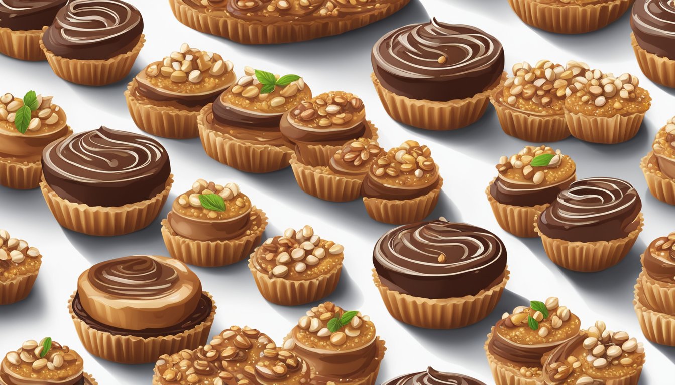 A bustling bakery display showcases rows of freshly baked Nutella tarts, glistening with a golden glaze and sprinkled with crushed hazelnuts