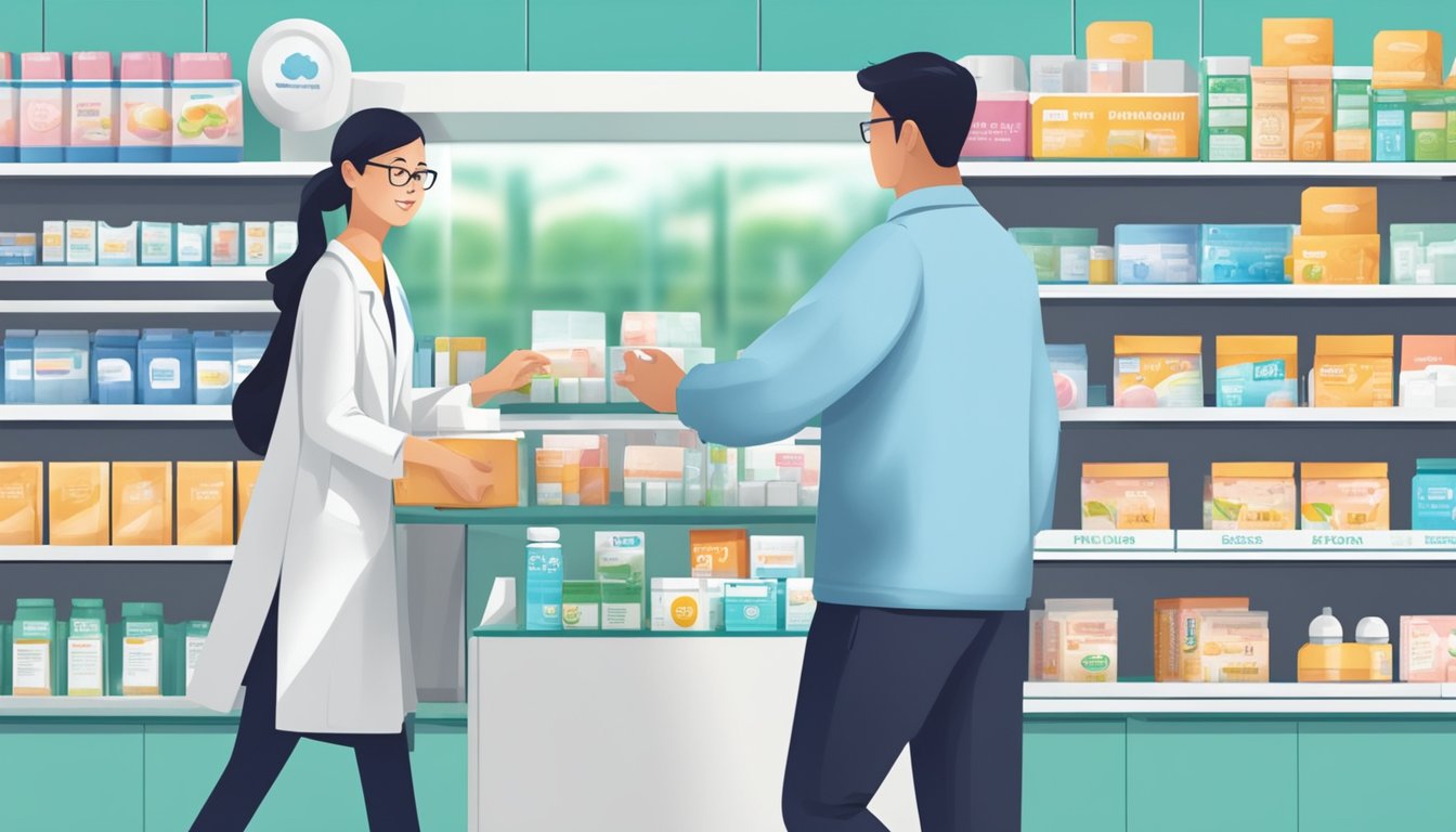 A person walks into a pharmacy in Singapore, picking up a box of Metformin from the shelf and bringing it to the counter to make a purchase