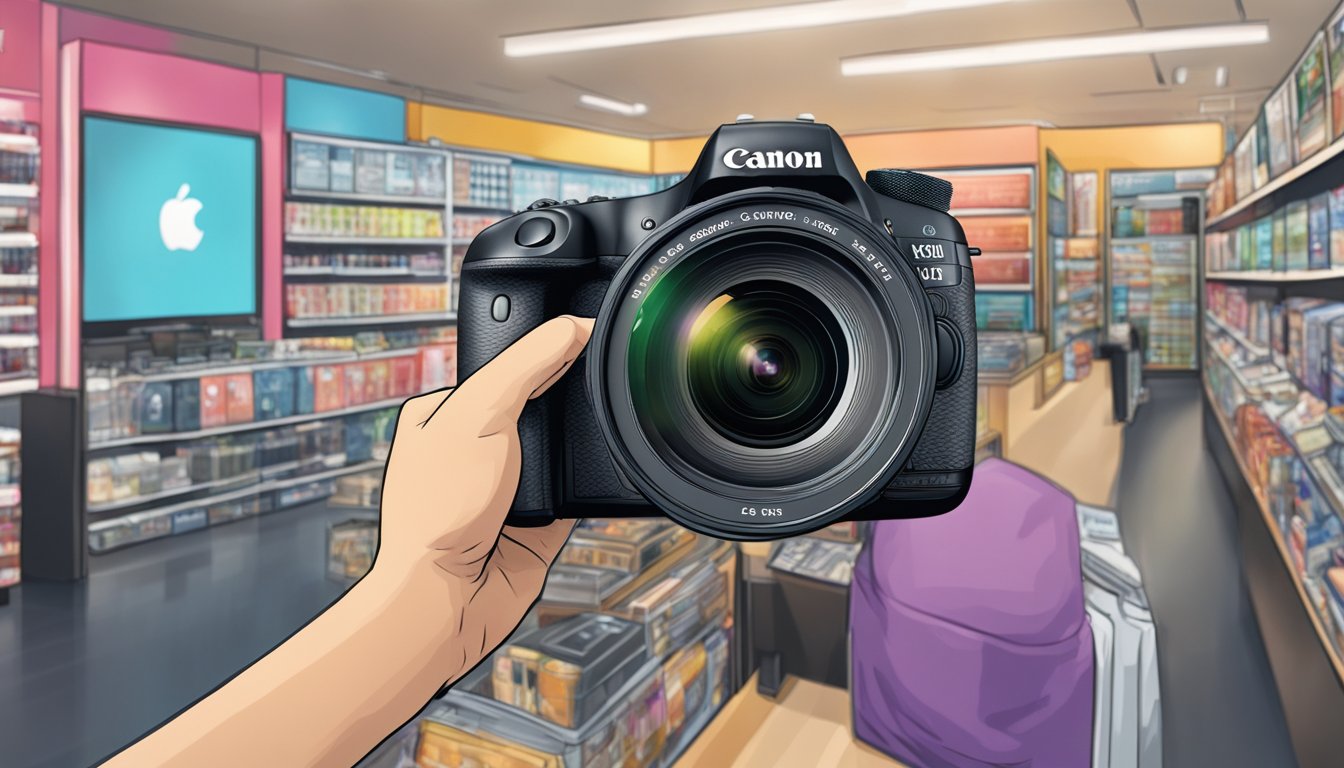 A hand reaching for a Canon camera in a Singapore store