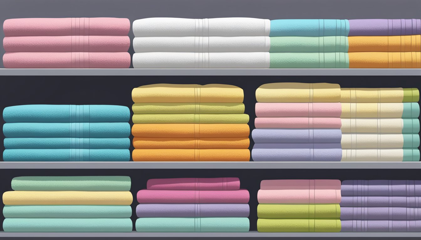 A stack of plush bath towels in various colors and sizes, neatly displayed on a shelf with a soft, fluffy texture
