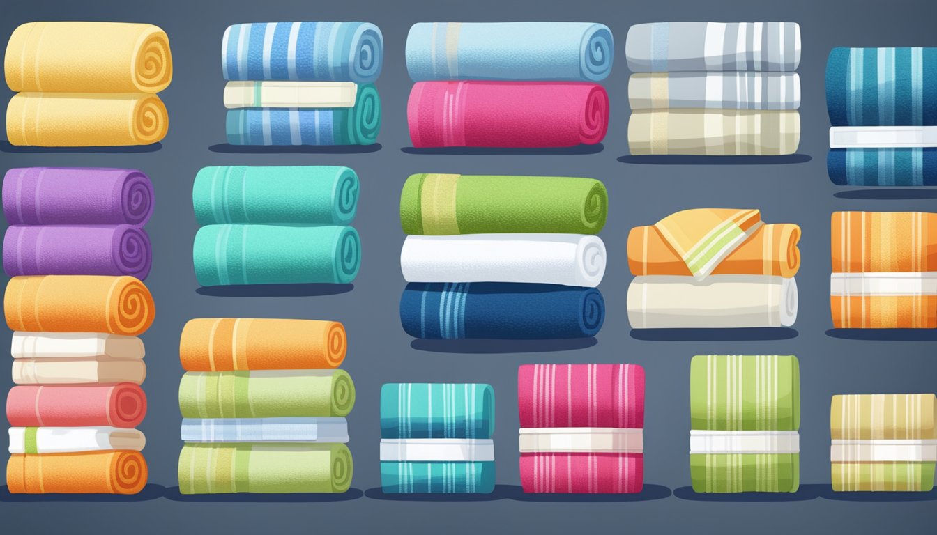 A computer screen displaying a variety of colorful bath towels on an online shopping website. A hand cursor hovers over a "Add to Cart" button