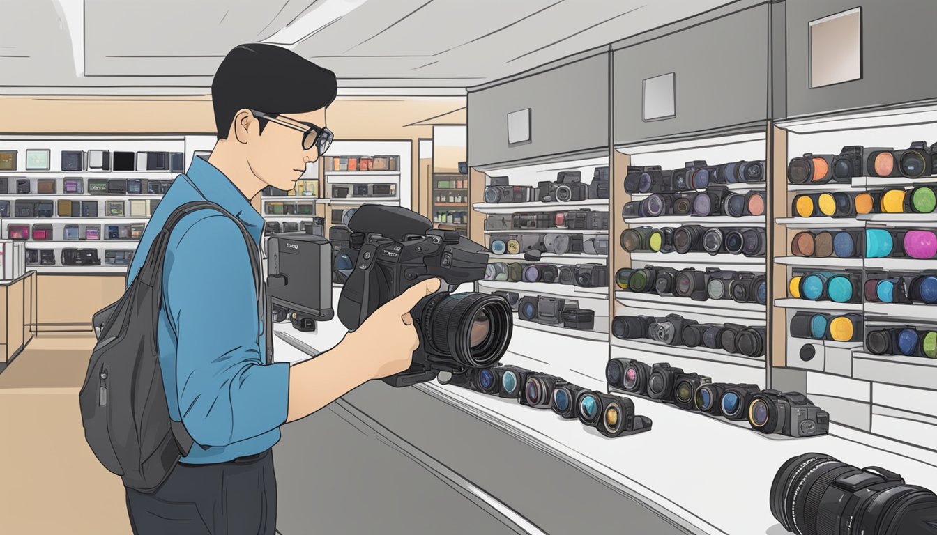 A customer in a camera store in Singapore selects a Canon camera from a display