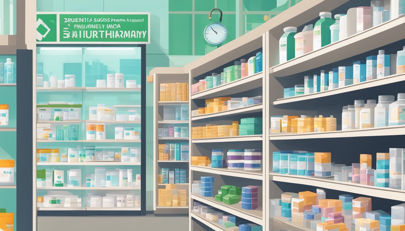 A pharmacy shelf stocked with metformin boxes, a sign reading "Frequently Asked Questions," and a map of Singapore in the background